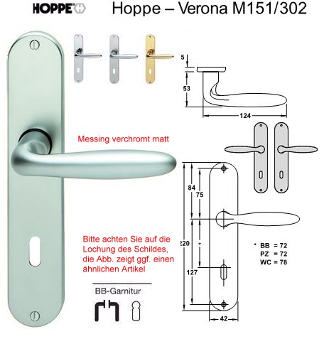 BB Zimmertrgarnitur Hoppe Verona M151/302 in Messing verchromt matt